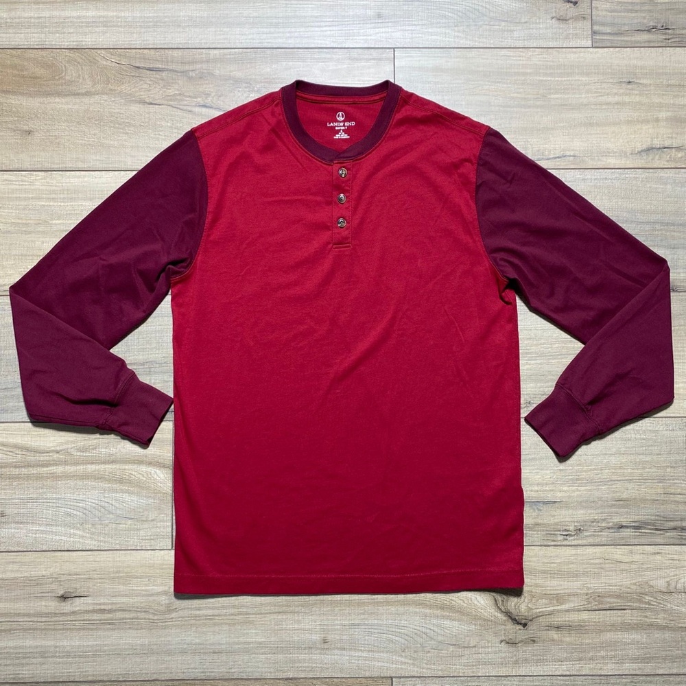 Lands End Men’s Super-T Colorblock Long Sleeve Henley Shirt Small Red & Burgundy